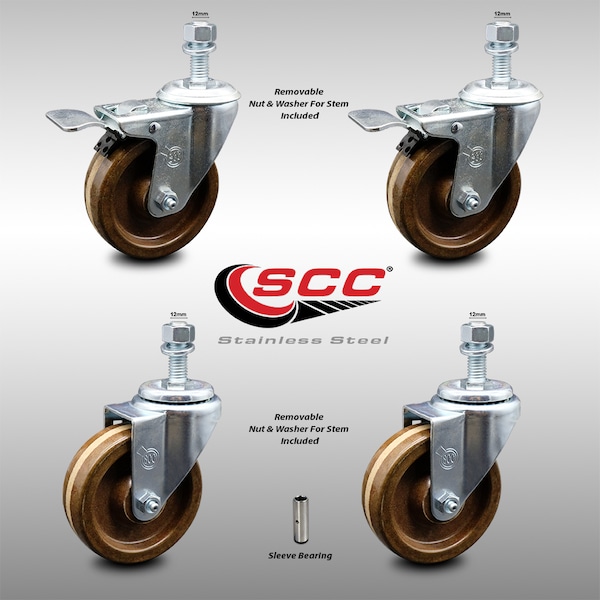 Service Caster 4 Inch SS High Temp Phenolic 12mm Stem Caster Total Lock Brake SCC, 2PK SCC-SSTSTTL20S414-PHSHT-M1215-2-S-2 - main